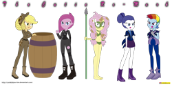 Size: 4421x2169 | Tagged: safe, artist:conikiblasu-fan, character:applejack, character:fluttershy, character:pinkamena diane pie, character:pinkie pie, character:rainbow dash, character:rarity, episode:the cutie re-mark, my little pony:equestria girls, alternate timeline, apinkalypse pie, belly button, chrysalis resistance timeline, clothing, crystal war timeline, midriff, night guard dash, night maid rarity, nightmare takeover timeline, shorts, tribal, tribalshy