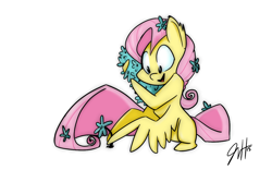 Size: 1280x801 | Tagged: safe, artist:fluttershythekind, artist:josephvonhazard, edit, character:fluttershy, color edit, colored, cute, female, flower, shyabetes, simple background, smiling, solo, white background, wing hands, wing hold