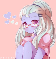 Size: 900x950 | Tagged: safe, artist:riouku, character:sugarcoat, my little pony:equestria girls, blushing, clothing, colored pupils, cute, female, glasses, heart, looking at you, pink background, shirt, signature, simple background, sitting, solo, sugarcute