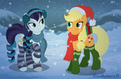 Size: 863x563 | Tagged: safe, artist:brianblackberry, character:applejack, character:coloratura, species:earth pony, species:pony, ship:rarajack, episode:the mane attraction, g4, my little pony: friendship is magic, christmas, clothing, earmuffs, female, freckles, hat, lesbian, mare, present, raised hoof, rara, santa hat, scarf, shipping, smiling, snow, snowfall, socks, striped socks, winter