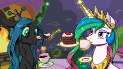 Size: 2400x1350 | Tagged: safe, artist:latecustomer, character:princess celestia, character:queen chrysalis, species:alicorn, species:changeling, species:pony, cake, cakelestia, changeling queen, female, food, implied shipping, levitation, magic, mare, tea, teacup, teasing, telekinesis