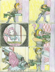 Size: 1024x1340 | Tagged: safe, artist:meiyeezhu, character:pinkie pie, oc, oc:free lancia, species:human, old master q, anti-aircraft gun, artillery, attempted murder, cannon, comic, crosshair, defeated, female, funny, gun, humanized, humanized ponified human, long range cannon, mercenary, open mouth, optical sight, owned, parody, partillery, party cannon, pinkie sense, psg1, rifle, scope, sniper, sniper rifle, target, teeth, traditional art, unexpected, weapon