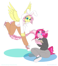 Size: 950x1081 | Tagged: safe, artist:silkensaddle, character:fluttershy, character:pinkie pie, oc, oc:cottontail, oc:ink blot, species:anthro, species:earth pony, species:pegasus, species:plantigrade anthro, species:pony, alternate hairstyle, animal hood, blue eyes, book, braid, braided tail, brown pants, bunny costume, bunny hood, clothing, converse, cute, cyan eyes, digital art, duo, female, flight, gray pants, gray sweater, hair accessory, hoodie, looking at each other, looking down, looking up, mare, meme, pants, pink coat, pink hair, pink mane, pink tail, shoes, simple background, sitting, sitting lyra, sneakers, spread wings, sweater, transparent background, turtleneck, ultimare universe, wings, yellow coat