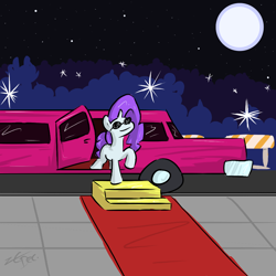 Size: 1000x1000 | Tagged: safe, artist:liracrown, character:rarity, camera flashes, carpet, fabulous, female, limousine, moon, red carpet, smirk, solo, stars, sunglasses