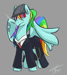 Size: 732x820 | Tagged: safe, artist:liracrown, character:rainbow dash, cigarette, clothing, female, flat cap, fob watch, hat, necktie, newsboy hat, peaky blinders, peaky flyers, razor blade, simple background, sketch, smoking, solo, suit, trenchcoat