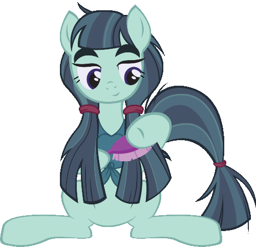 Size: 500x481 | Tagged: safe, alternate version, artist:radiantrealm, character:crosscut mccolt, episode:the hooffields and mccolts, g4, my little pony: friendship is magic, animated, brush, brushing, cute, hoof hold, lidded eyes, mccolt family, pigtails, show accurate, simple background, sitting, smiling, solo, transparent background