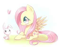 Size: 1000x800 | Tagged: safe, artist:riouku, character:angel bunny, character:fluttershy, species:pony, blushing, butterfly, cute, female, mare, prone, shyabetes, smiling, spread wings, wings