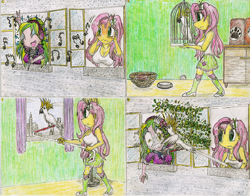 Size: 814x639 | Tagged: safe, artist:meiyeezhu, character:fluttershy, character:lemon zest, species:bird, old master q, equestria girls:friendship games, g4, my little pony: equestria girls, my little pony:equestria girls, annoyed, apartment, bad singing, basket, big breasts, bird cage, breasts, busty fluttershy, cage, cleavage, clothing, cockatoo, comic, covering ears, crystal prep academy uniform, eyes closed, female, frown, glare, gritted teeth, headphones, karaoke, microphone, mouse hole, music notes, open mouth, parody, pecking, pet, school uniform, screech, singing, skirt, smiling, sour note, squawk, stick, tank top, traditional art, wavy mouth, wide eyes, window