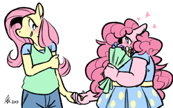 Size: 1280x804 | Tagged: safe, artist:rwl, character:fluttershy, character:pinkie pie, species:anthro, species:earth pony, species:pegasus, species:pony, ship:flutterpie, blushing, bouquet, chubby, clothing, date, fat, female, flower, heart, holding hands, lesbian, pudgy pie, rose, shipping, signature, size difference, wingless, wingless anthro