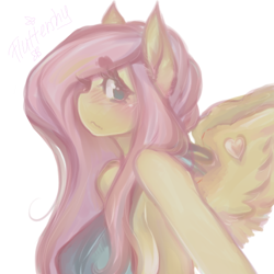 Size: 512x512 | Tagged: safe, artist:tolsticot, character:fluttershy, species:anthro, species:pegasus, g4, blushing, bust, female, looking at you, looking sideways, mare, name, portrait, profile, simple background, sketch, solo, spread wings, text, white background, wings