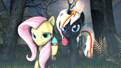 Size: 1920x1080 | Tagged: safe, artist:star-lightstarbright, character:fluttershy, oc, oc:velvet remedy, species:pegasus, species:pony, species:unicorn, fallout equestria, 3d, cupcake, cute, fanfic, fanfic art, female, food, glowing eyes, hooves, horn, mare, ministry mares, open mouth, source filmmaker, teeth, tree