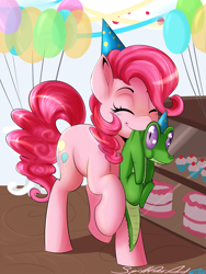 Size: 1600x2133 | Tagged: safe, artist:spittfireart, character:gummy, character:pinkie pie, balloon, cake, carrying, clothing, cupcake, cute, diapinkes, eyes closed, food, hat, mouth hold, one hoof raised, party, party hat, scruff, streamers