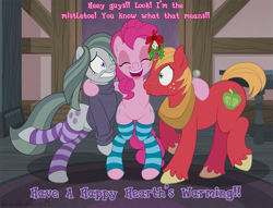 Size: 1421x1085 | Tagged: safe, artist:brianblackberry, character:big mcintosh, character:marble pie, character:pinkie pie, species:pony, ship:marblemac, episode:hearth's warming eve, g4, my little pony: friendship is magic, bipedal, bottomless, clothing, eyes closed, female, male, mistletoe, partial nudity, shipper on deck, shipping, socks, straight, striped socks, sweater, unshorn fetlocks