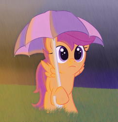 Size: 528x544 | Tagged: safe, artist:tex, character:scootaloo, species:pegasus, species:pony, cute, female, filly, grass, rain, solo, umbrella