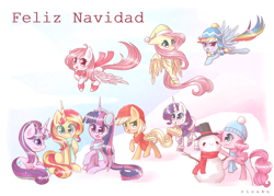 Size: 1400x1000 | Tagged: safe, artist:riouku, character:applejack, character:fluttershy, character:pinkie pie, character:rainbow dash, character:rarity, character:starlight glimmer, character:sunset shimmer, character:twilight sparkle, character:twilight sparkle (alicorn), oc, oc:riouku, species:alicorn, species:pony, alternate mane seven, clothing, earmuffs, female, hat, mane six, mare, scarf, snow, snowfall, snowman, spanish, translated in the comments