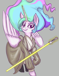 Size: 900x1150 | Tagged: safe, artist:helloiamyourfriend, artist:yourfriendsalamisalamander, character:princess celestia, clothing, crossover, female, jedi, lightsaber, magic, robe, simple background, smirk, solo, spread wings, star wars, telekinesis, weapon, wings