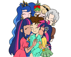Size: 3181x2545 | Tagged: safe, artist:edcom02, artist:jmkplover, character:princess luna, character:twilight sparkle, oc, oc:mayday parker sparkle, parent:peter parker, parent:twilight sparkle, parents:spidertwi, species:human, christmas, crossover, gwen stacy, humanized, humanized oc, kissing, may parker, mistletoe, offspring, peter parker, simple background, spider-man, spiders and magic: rise of spider-mane, spidertwi, transparent background
