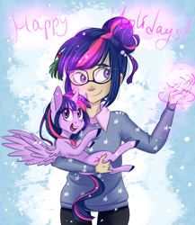 Size: 2000x2300 | Tagged: safe, artist:silbersternenlicht, character:twilight sparkle, character:twilight sparkle (alicorn), character:twilight sparkle (scitwi), species:alicorn, species:eqg human, species:human, species:pony, glasses, happy holidays, holding a pony, human coloration, human ponidox, humanized, magic, ponidox, snow, twolight