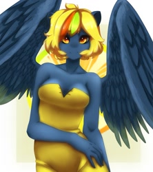 Size: 1133x1275 | Tagged: safe, artist:tolsticot, derpibooru original, oc, oc only, species:anthro, species:pegasus, species:pony, anthro oc, clothing, female, looking at you, mare, smiling, solo, spread wings, wings, yellow eyes, yellow hair, yellow mane