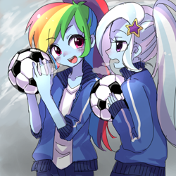 Size: 700x700 | Tagged: safe, artist:weiliy, character:rainbow dash, character:trixie, my little pony:equestria girls, breath, cute, dashabetes, diatrixes, football, ponytail