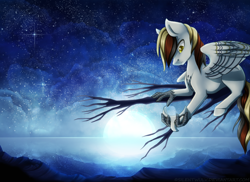 Size: 1024x745 | Tagged: safe, artist:silentwulv, oc, oc only, oc:silent flight, species:hippogriff, colored pupils, full moon, lake, male, mask, moon, night, night sky, reflection, sitting in a tree, sky, solo, starry night