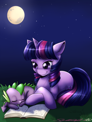 Size: 1600x2133 | Tagged: safe, artist:spittfireart, character:spike, character:twilight sparkle, species:pony, species:unicorn, book, duo, eyes closed, female, male, mare, moon, night, night sky, sky, sleeping, smiling, stars