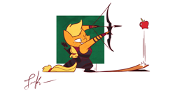 Size: 1920x1020 | Tagged: safe, artist:fluttershythekind, character:applejack, apple, arrow, avengers, bow (weapon), bow and arrow, clothing, cosplay, costume, female, food, hawkeye, quiver, solo