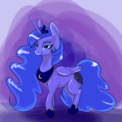 Size: 1000x1000 | Tagged: safe, artist:helloiamyourfriend, artist:yourfriendsalamisalamander, character:princess luna, species:crystal pony, species:pony, /mlp/, 4chan, bedroom eyes, female, looking at you, race swap, smiling, solo, sparkles