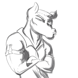 Size: 1000x1000 | Tagged: safe, artist:helloiamyourfriend, artist:yourfriendsalamisalamander, character:bulk biceps, /mlp/, 4chan, bust, clothing, crossed arms, grayscale, lidded eyes, male, monochrome, simple background, solo, white background