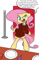 Size: 600x927 | Tagged: safe, artist:bunnimation, character:fluttershy, species:pony, bipedal, clothing, female, festivus, parody, seinfeld, solo, sweater, sweatershy