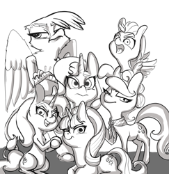 Size: 972x998 | Tagged: safe, artist:helloiamyourfriend, artist:yourfriendsalamisalamander, character:gilda, character:lightning dust, character:starlight glimmer, character:sunset shimmer, character:suri polomare, character:trixie, species:griffon, species:pony, 3:, alternate mane six, antagonist, antagonist six, bipedal, clothing, crossed arms, female, frown, grin, mane six opening poses, monochrome, open mouth, prone, scarf, smiling, smirk, spread wings, wide eyes, wings