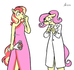 Size: 1280x1209 | Tagged: safe, artist:rwl, character:fluttershy, character:sunset shimmer, species:anthro, ship:sunshyne, adorkable, alphys, blushing, bouquet, clothing, costume, cute, dork, dress, female, flower, flutteralphys, gala dress, glasses, lab coat, lesbian, shipping, slouching, undertale