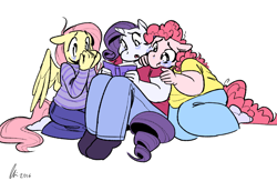Size: 1280x880 | Tagged: safe, artist:rwl, character:fluttershy, character:pinkie pie, character:rarity, species:anthro, ship:flutterpie, ship:raripie, ship:rarishy, :o, :t, book, chubby, clothing, crying, cute, fat, female, flaripie, floppy ears, frown, group, lesbian, open mouth, ot3, polyamory, reading, sad, shipping, simple background, sitting, spread wings, sweater, sweatershy, trio, wide eyes, wings