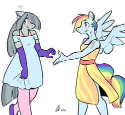Size: 1280x1173 | Tagged: safe, artist:rwl, character:marble pie, character:rainbow dash, species:anthro, blushing, clothing, cutie mark, dress, evening gloves, exclamation point, female, gloves, interrobang, interrobang (glyph), lesbian, marbledash, piercing, question mark, shipping, spread wings, story in the source, story included, wings