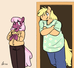 Size: 1280x1184 | Tagged: safe, artist:rwl, character:applejack, character:cheerilee, species:anthro, ship:cheerijack, clothing, female, lesbian, shipping, size difference
