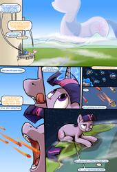 Size: 2000x2933 | Tagged: safe, artist:shieltar, part of a set, character:princess celestia, character:princess luna, character:twilight sparkle, character:twilight sparkle (unicorn), species:pony, species:unicorn, comic:giant twilight, asteroid, comic, dialogue, giant pony, giantess, growth, licking, licking lips, macro, mega twilight sparkle, part of a series, planet, space, stars, tongue out