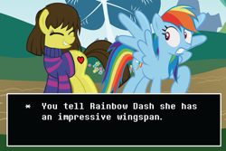 Size: 1024x684 | Tagged: safe, artist:radiantrealm, character:rainbow dash, species:pony, crossover, crossover shipping, female, flirting, frisk, lip bite, mare, ponified, shipping, show accurate, undertale, wingboner