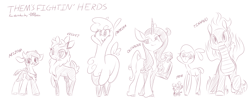 Size: 1280x512 | Tagged: safe, artist:dshou, community related, character:arizona cow, character:oleander, character:paprika paca, character:pom lamb, character:tianhuo, character:velvet reindeer, species:alpaca, species:classical unicorn, species:cow, species:deer, species:longma, species:reindeer, species:sheep, them's fightin' herds, cloven hooves, female, fightin' six, lamb, leonine tail, monochrome