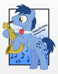 Size: 3000x3868 | Tagged: safe, artist:chainchomp2, character:blues, character:noteworthy, species:earth pony, species:pony, birthday, bow tie, gift art, happy birthday, high res, male, musical instrument, saxophone, solo, stallion, vector
