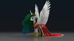 Size: 1920x1080 | Tagged: safe, artist:eqamrd, character:princess celestia, 3d, 3ds max, clothing, crown, dress, eyeshadow, female, horseshoes, jewelry, makeup, peytral, regalia, shoes, solo