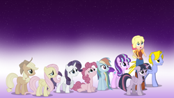 Size: 1920x1080 | Tagged: safe, artist:anxet, artist:aureai, artist:dashiemlpfim, artist:djdavid98 edits, artist:generalzoi, artist:rayne-feather, artist:yoshigreenwater, character:applejack, character:fluttershy, character:megan williams, character:pinkie pie, character:rainbow dash, character:rarity, character:starlight glimmer, character:twilight sparkle, character:twilight sparkle (alicorn), oc, oc:delta brony, species:alicorn, species:human, species:pony, g1, equestria girls style, female, g1 to g4, generation leap, mare, night sky, show accurate, stars, vector