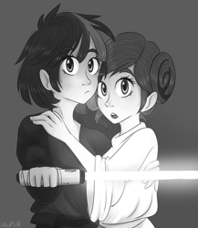 Size: 2000x2300 | Tagged: safe, artist:silbersternenlicht, character:rarity, character:twilight sparkle, oc:dusk shine, species:human, carrie fisher, crossover, duo, gray background, grayscale, humanized, lightsaber, luke skywalker, monochrome, princess leia, rule 63, simple background, star wars, weapon, woman