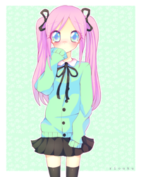 Size: 800x1000 | Tagged: safe, artist:riouku, character:fluttershy, species:human, anime, black skirt, black socks, black stockings, blushing, bow, cardigan, clothing, digital art, female, green sweater, hair bow, humanized, light skin, long sleeves, looking at you, moe, neck bow, pigtails, pink hair, pleated skirt, short skirt, shy, skirt, socks, solo, standing, stockings, sweater, sweatershy, thigh highs, zettai ryouiki