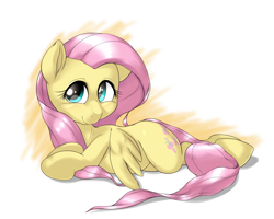 Size: 1000x800 | Tagged: safe, artist:ushiro no kukan, character:fluttershy, cute, female, looking at you, lying down, prone, solo, sploot
