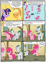 Size: 801x1100 | Tagged: safe, artist:kturtle, character:applejack, character:cloudy quartz, character:pinkie pie, character:twilight sparkle, comic:the story of granny pie, comic, portuguese, translation