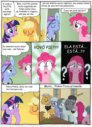 Size: 794x1094 | Tagged: safe, artist:kturtle, character:applejack, character:cloudy quartz, character:igneous rock pie, character:limestone pie, character:marble pie, character:pinkamena diane pie, character:pinkie pie, character:twilight sparkle, oc, comic:the story of granny pie, comic, pie family, portuguese, quartzrock, translation
