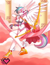 Size: 1582x2048 | Tagged: safe, artist:ladypixelheart, oc, oc only, oc:heart song, species:anthro, species:pegasus, species:plantigrade anthro, species:pony, arrow, bow (weapon), bow and arrow, breasts, cupid, feet, female, nail polish, sandals, solo, toenails, toes, valentine, wink