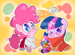 Size: 2041x1503 | Tagged: safe, artist:thegreatrouge, character:pinkie pie, character:twilight sparkle, :>, :t, chibi, cute, diapinkes, female, filly, filly pinkie pie, filly twilight sparkle, frizzy hair, glowing horn, magic, rubik's cube, telekinesis, twiabetes, weapons-grade cute, younger