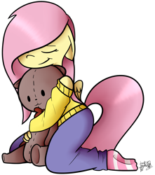 Size: 2393x2713 | Tagged: safe, artist:befishproductions, character:fluttershy, species:anthro, clothing, cute, digital art, eyes closed, female, floppy ears, hug, jeans, kneeling, off shoulder, off shoulder sweater, pants, pink hair, pink mane, pink tail, plushie, signature, simple background, socks, striped socks, sweater, sweatershy, teddy bear, transparent background, yellow coat, yellow sweater