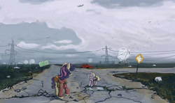 Size: 1276x755 | Tagged: safe, artist:agm, character:bon bon, character:dinky hooves, character:sweetie drops, species:bird, clothing, pickup truck, post-apocalyptic, power line, puddle, road, satellite dish, scenery, sweater, truck